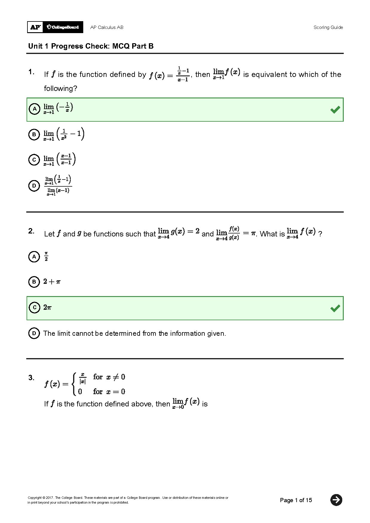 AP Calculus AB Unit 1 Progress Check MCQ Part B
