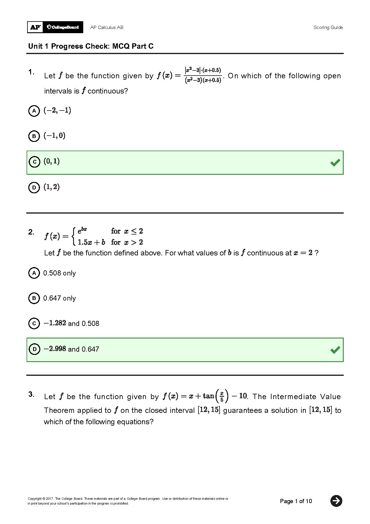 AP Calculus AB Unit 1 Progress Check MCQ Part C
