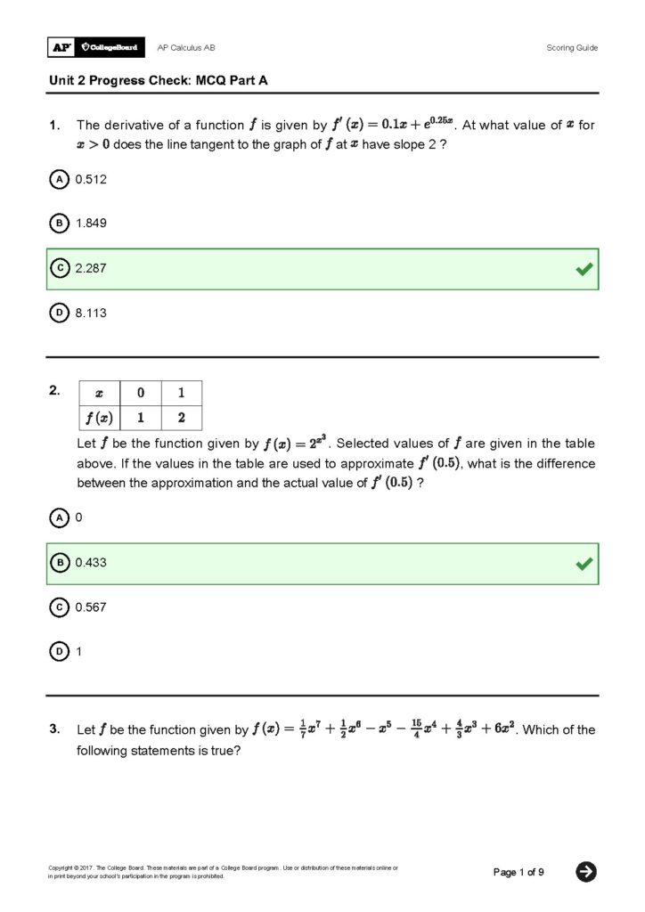 AP Calculus AB Unit 2 Progress Check MCQ Answers