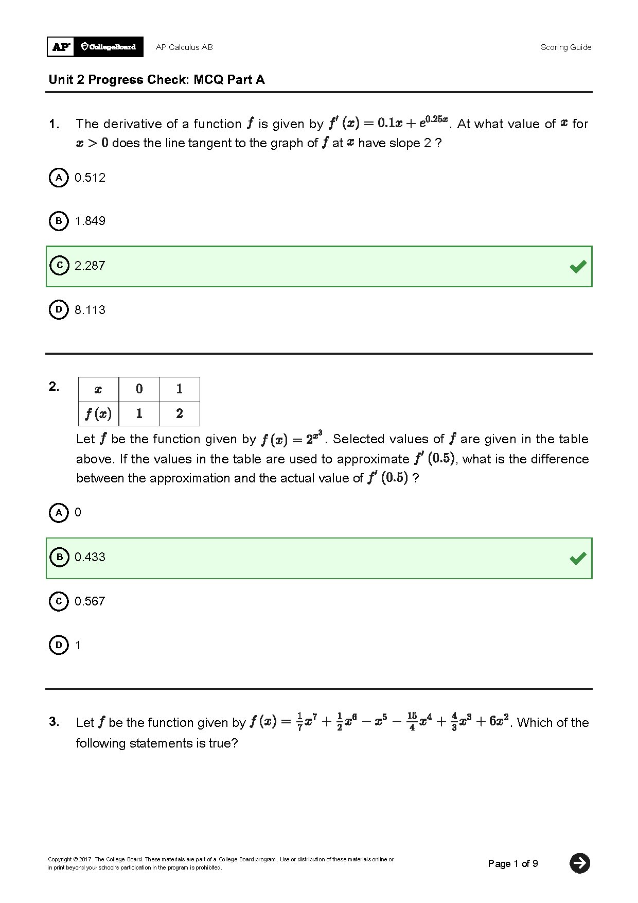 AP Calculus AB Unit 2 Progress Check MCQ Answers