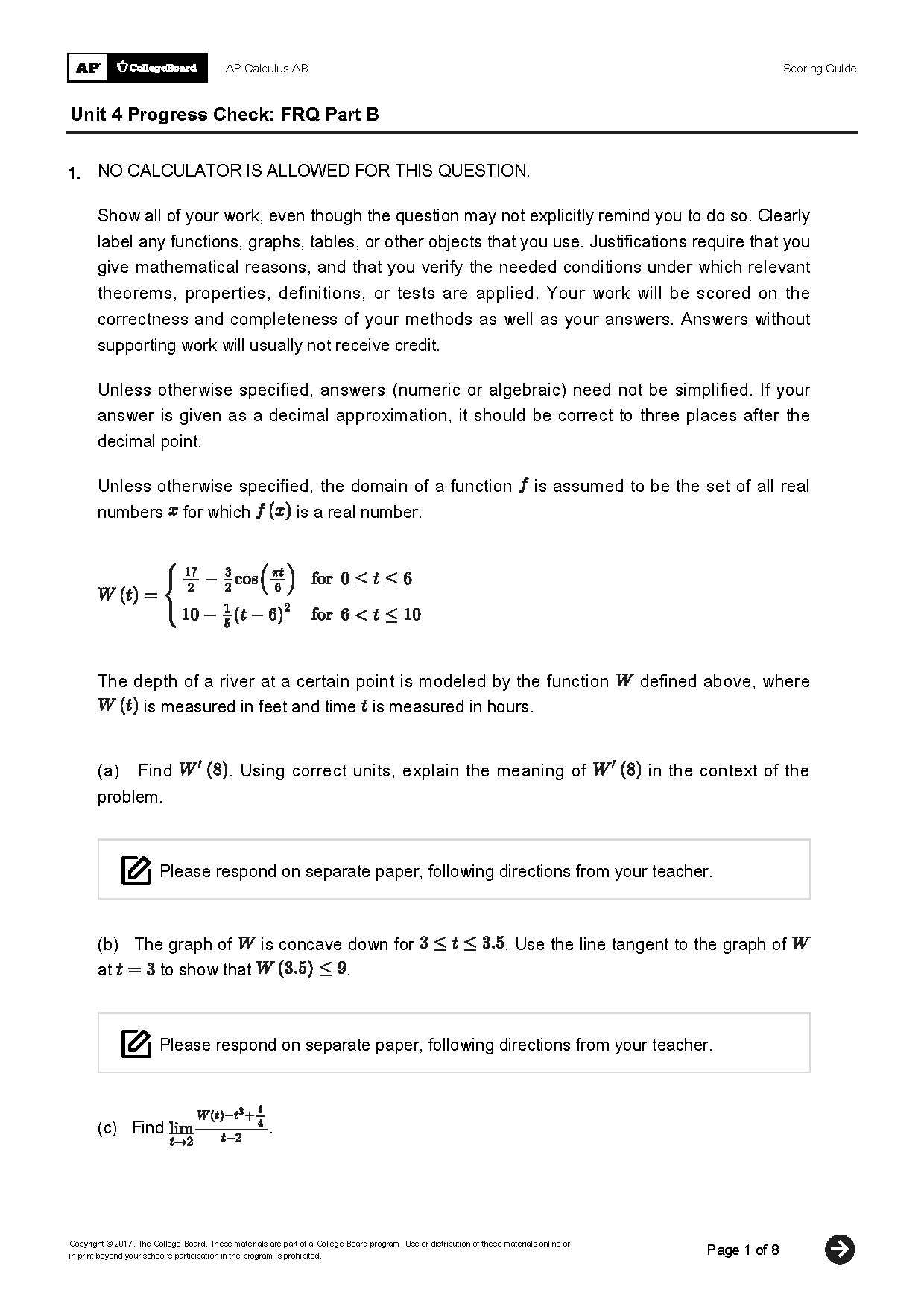 AP Calculus AB Unit 4 Progress Check FRQ Part B