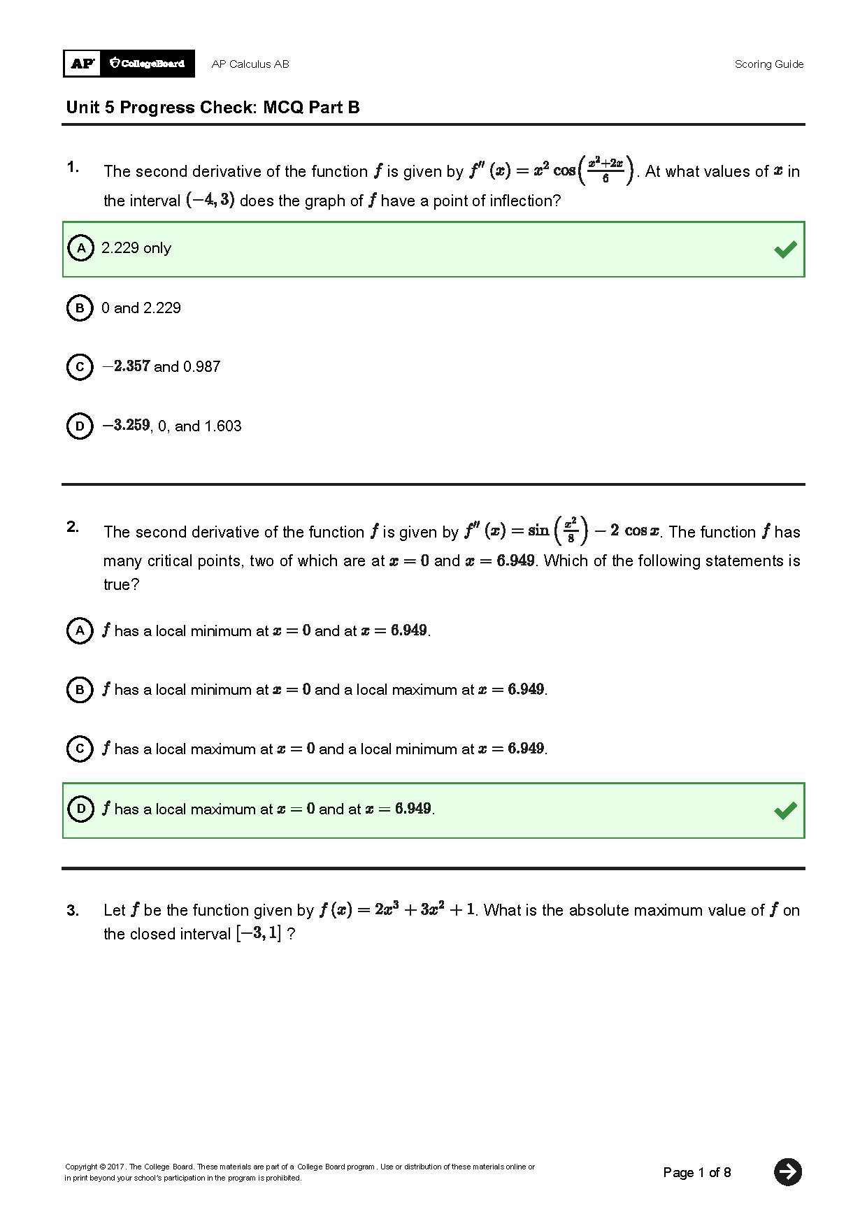 AP Calculus AB Unit 5 Progress Check MCQ Part B