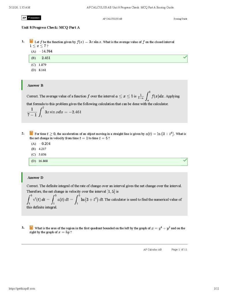 AP Calculus AB Unit 8 Progress Check MCQ Answer Key