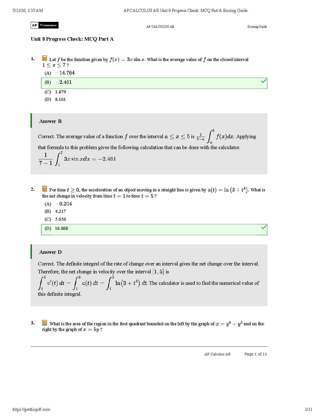 AP Calculus AB Unit 8 Progress Check MCQ Answer Key