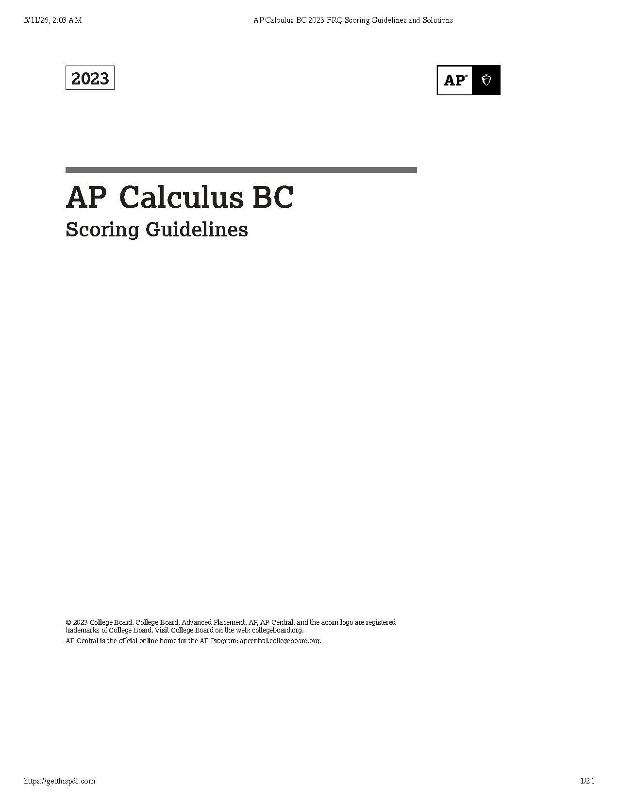 AP Calculus BC 2023 Free Response Questions and Scoring Guidelines