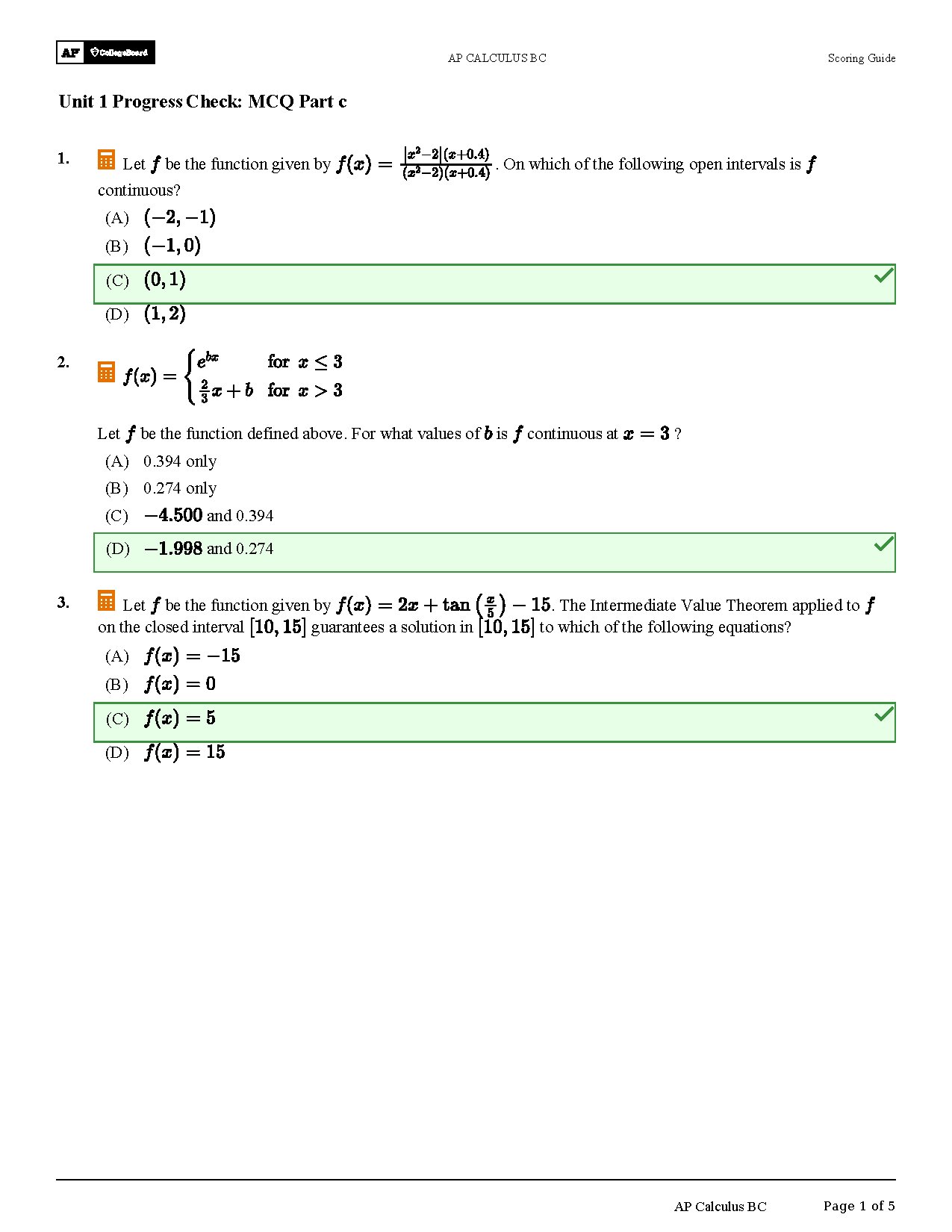 AP Calculus BC Unit 1 Progress Check MCQ Part C