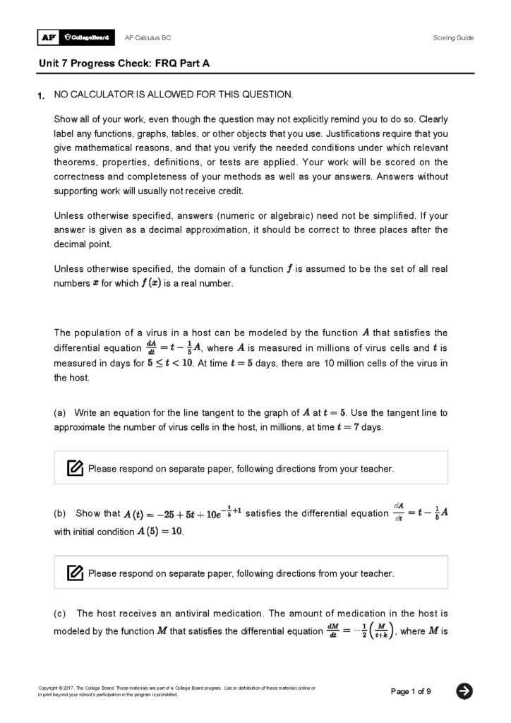 AP Calculus BC Unit 7 Progress Check FRQ Part A