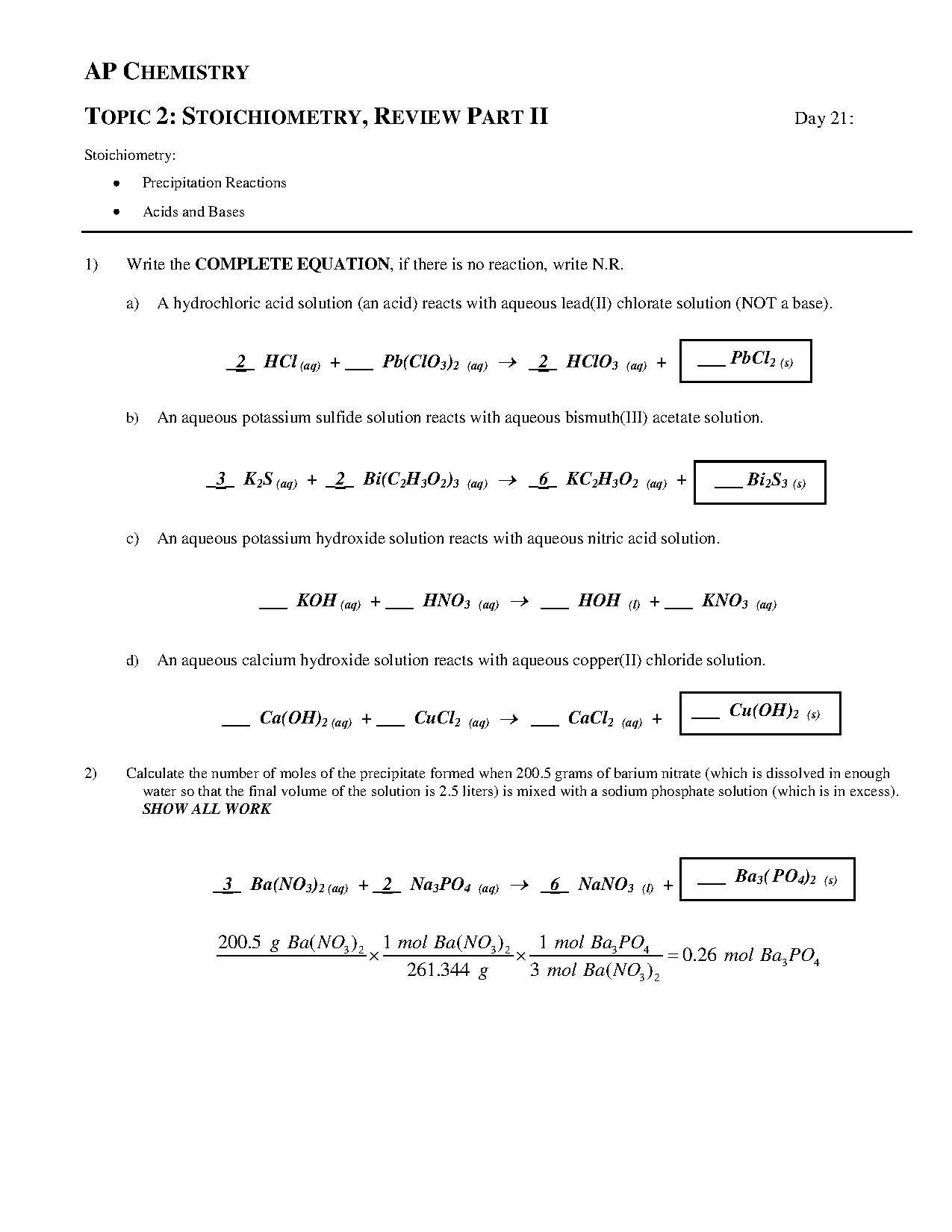 AP Chemistry Stoichiometry and Precipitation Reactions