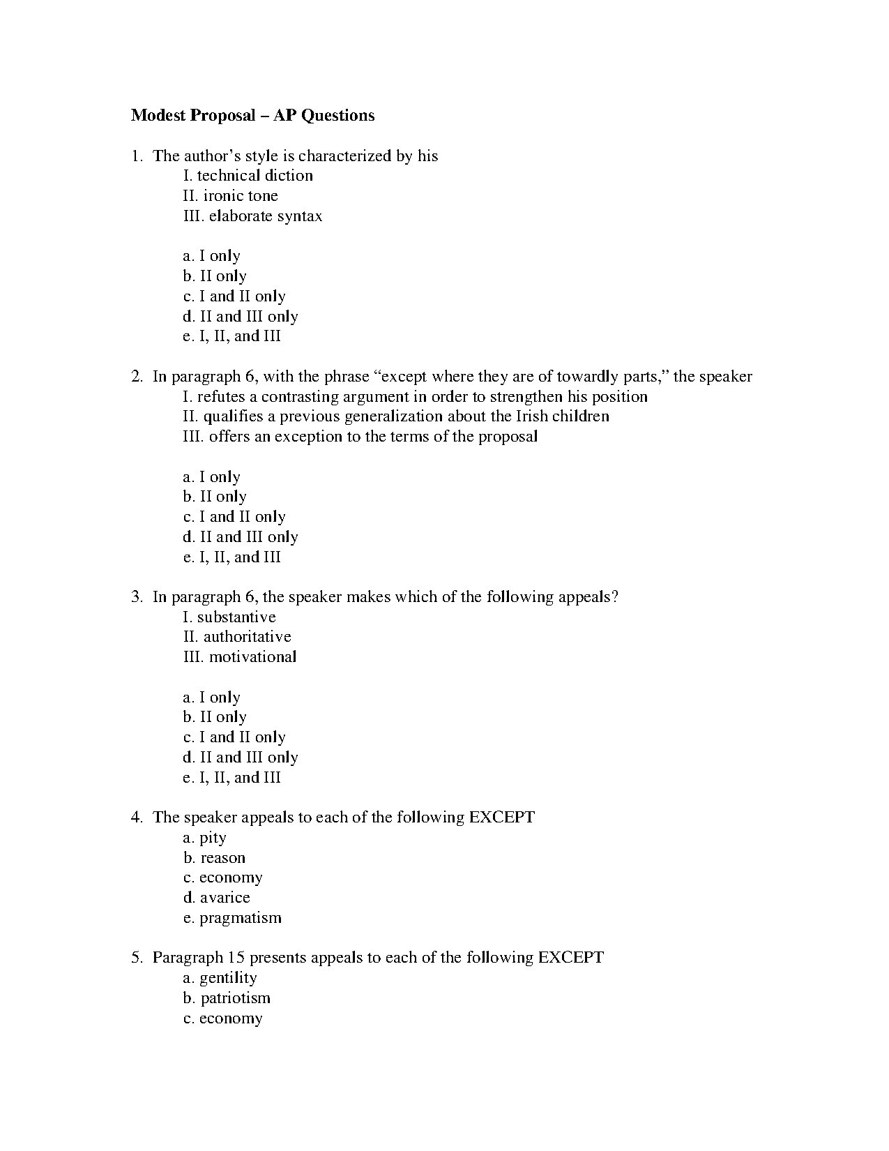AP English Literature Modest Proposal Analysis Questions