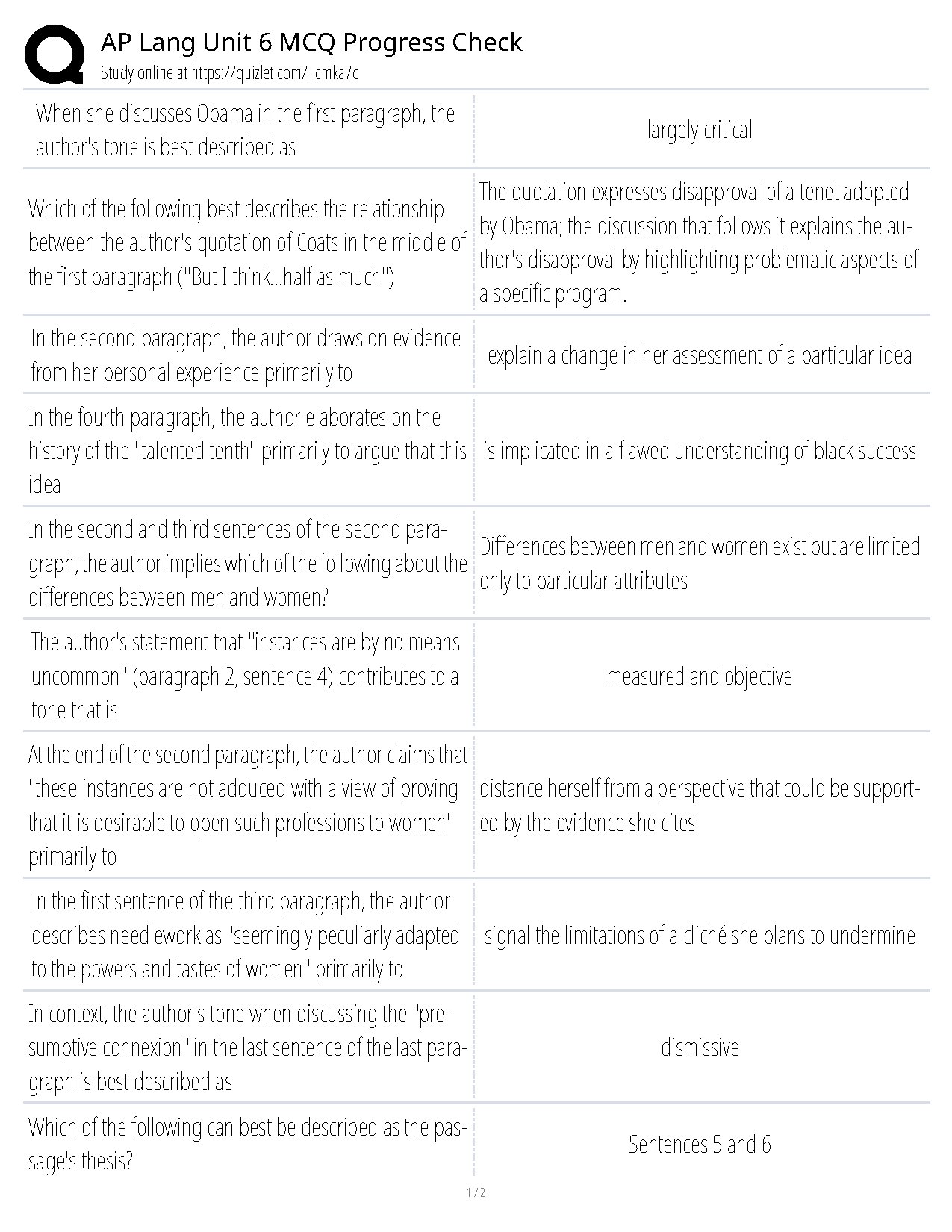 AP Lang Unit 6 MCQ Progress Check Answers and Analysis
