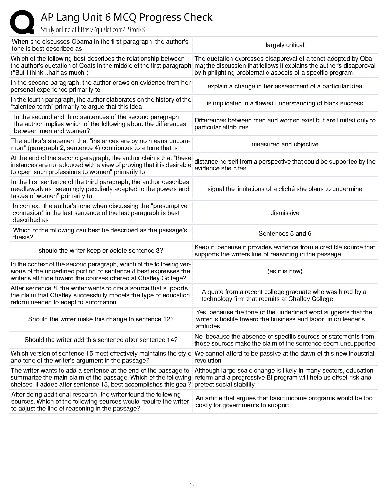 AP Lang Unit 6 MCQ Progress Check Answers