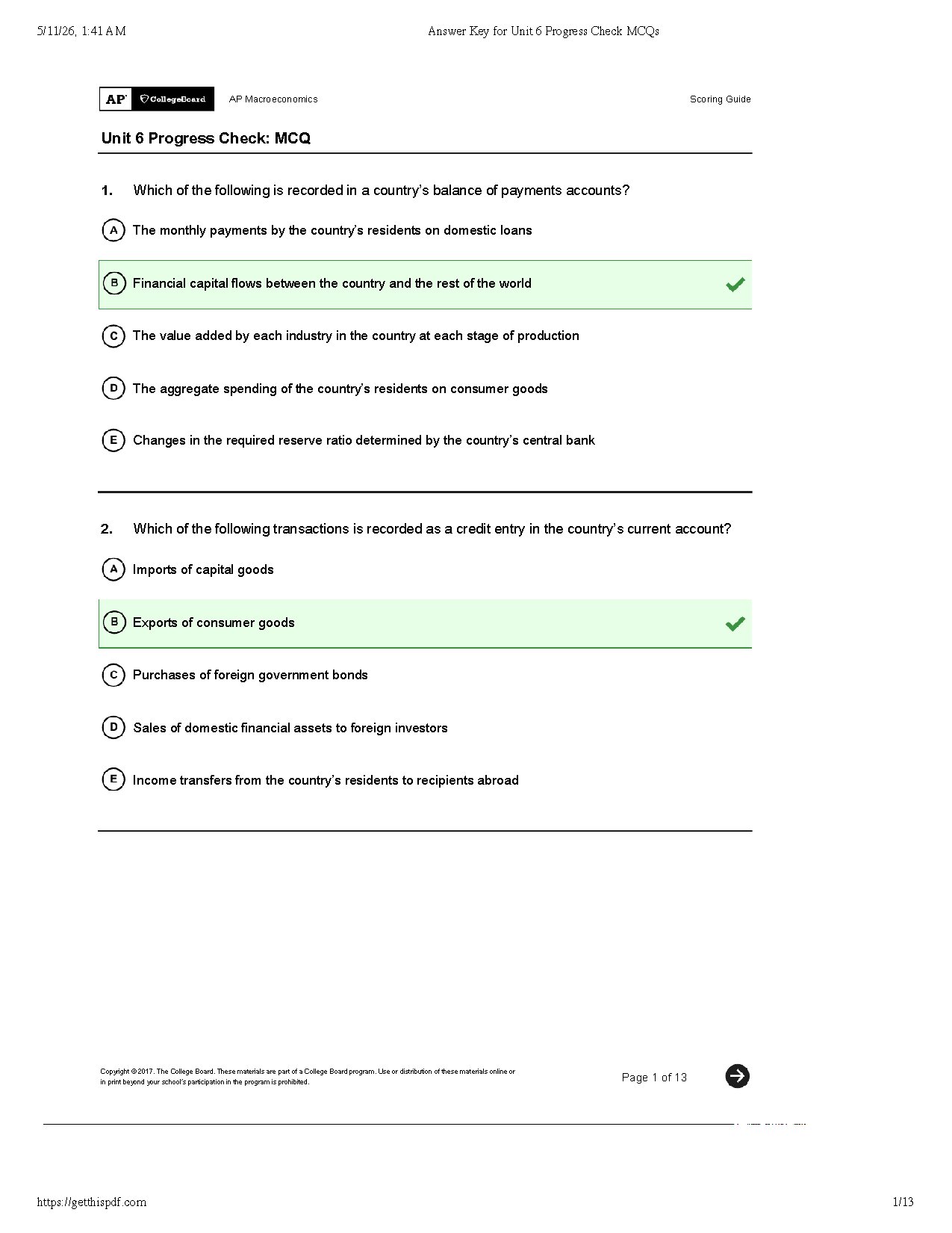 AP Macroeconomics Unit 6 Progress Check MCQ Answer Key
