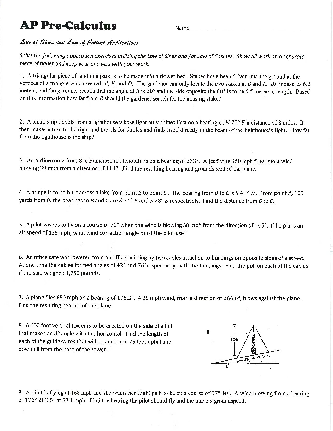 AP Pre-Calculus Law of Sines and Cosines Applications