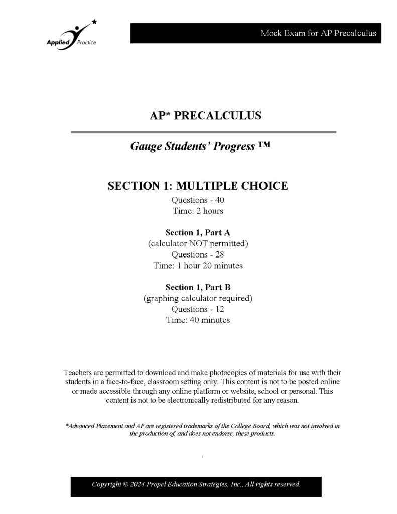 AP Precalculus Mock Exam Multiple Choice 2024