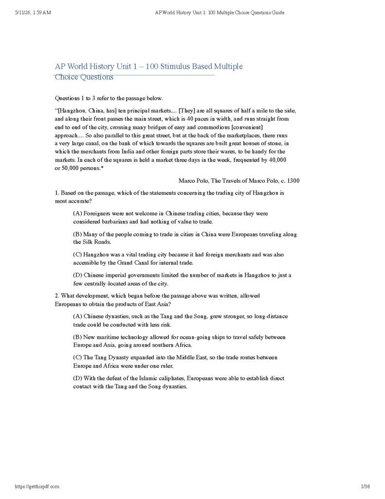AP World History Unit 1: 100 Stimulus Based MCQs