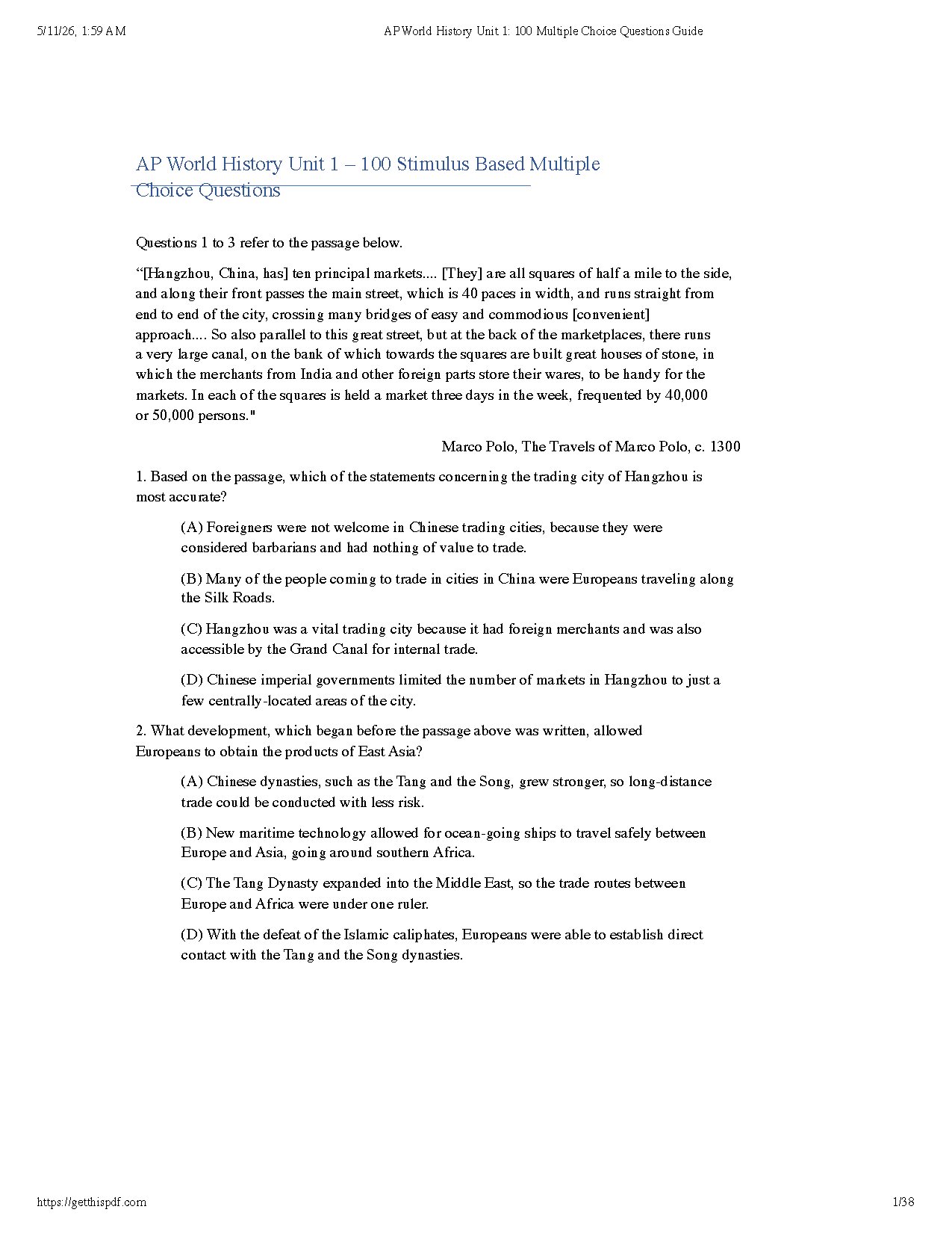 AP World History Unit 1: 100 Stimulus Based MCQs