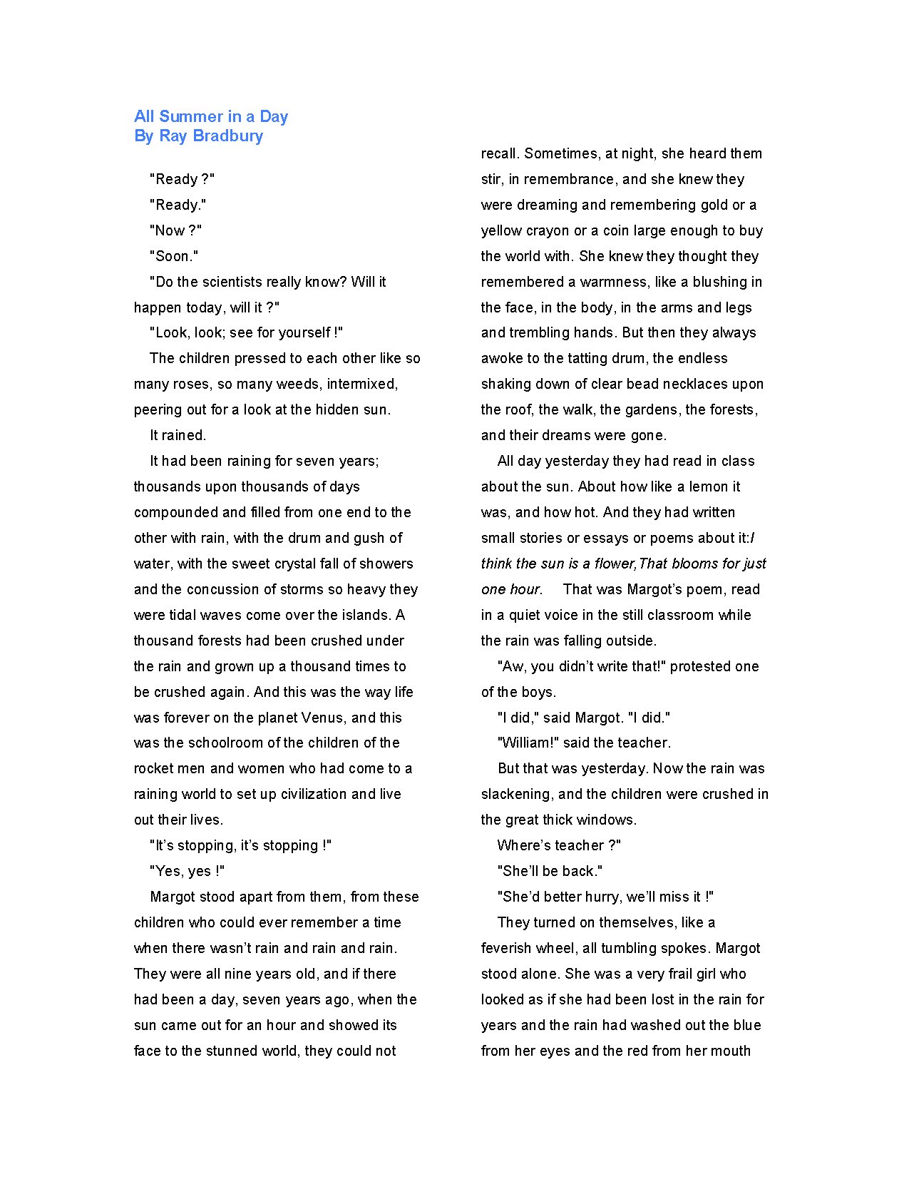 All Summer in a Day by Ray Bradbury