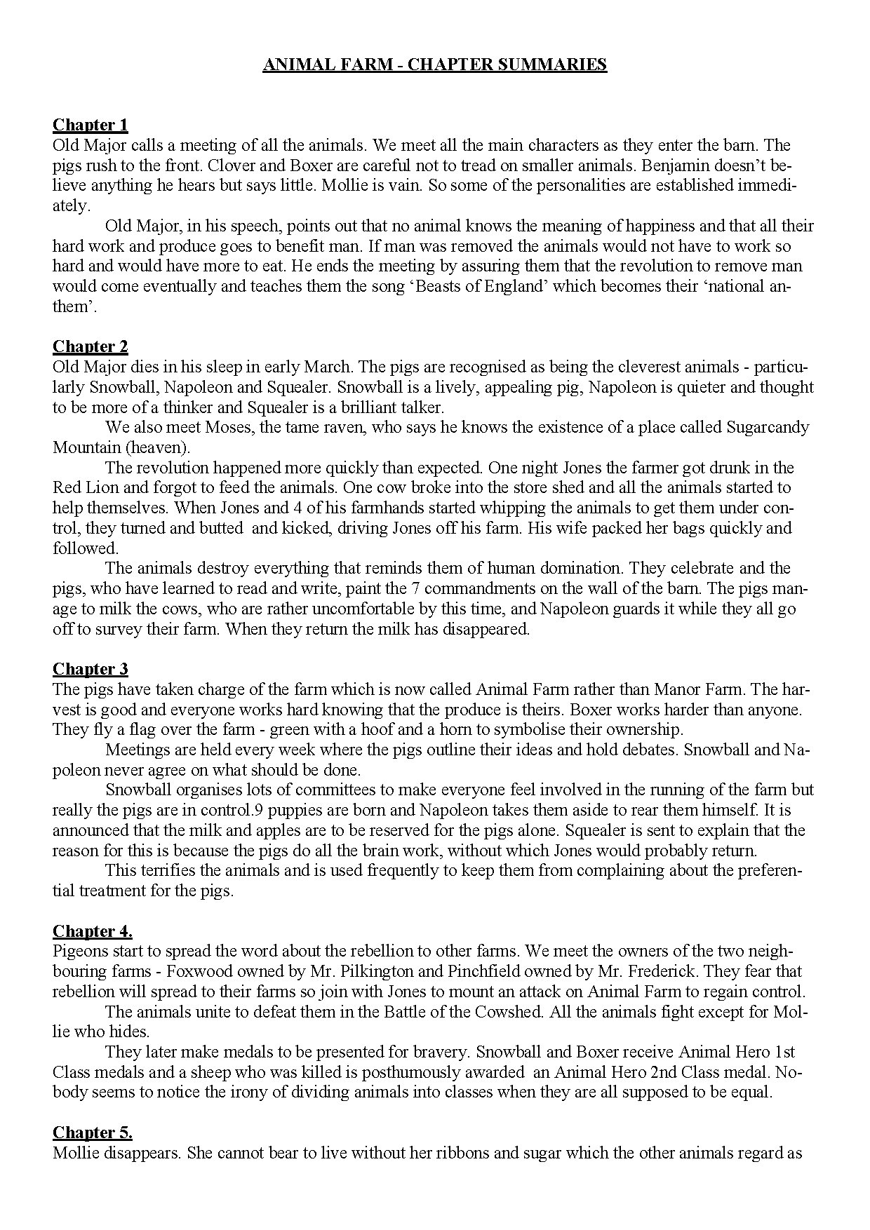 Animal Farm Chapter Summaries by George Orwell