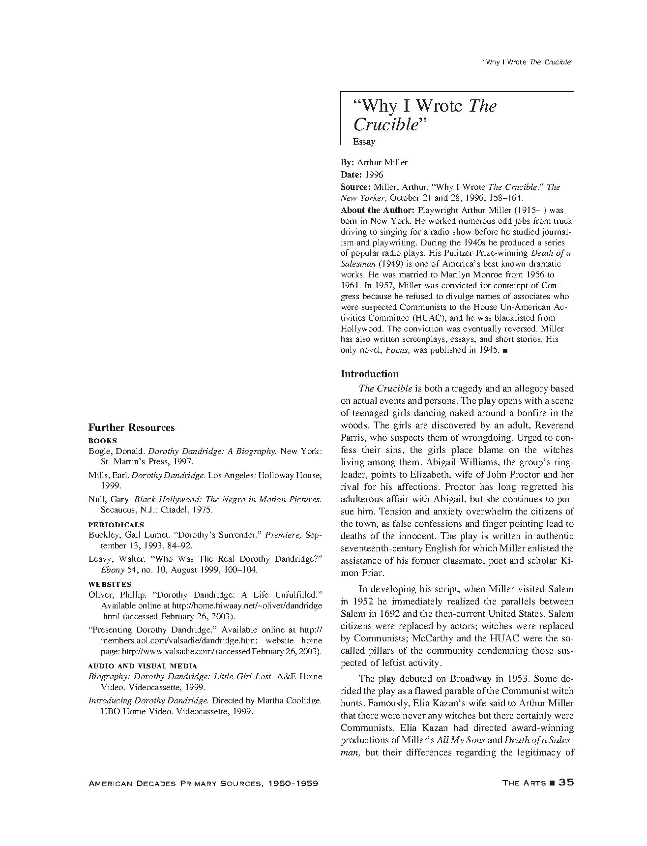 Arthur Miller’s Why I Wrote The Crucible Essay