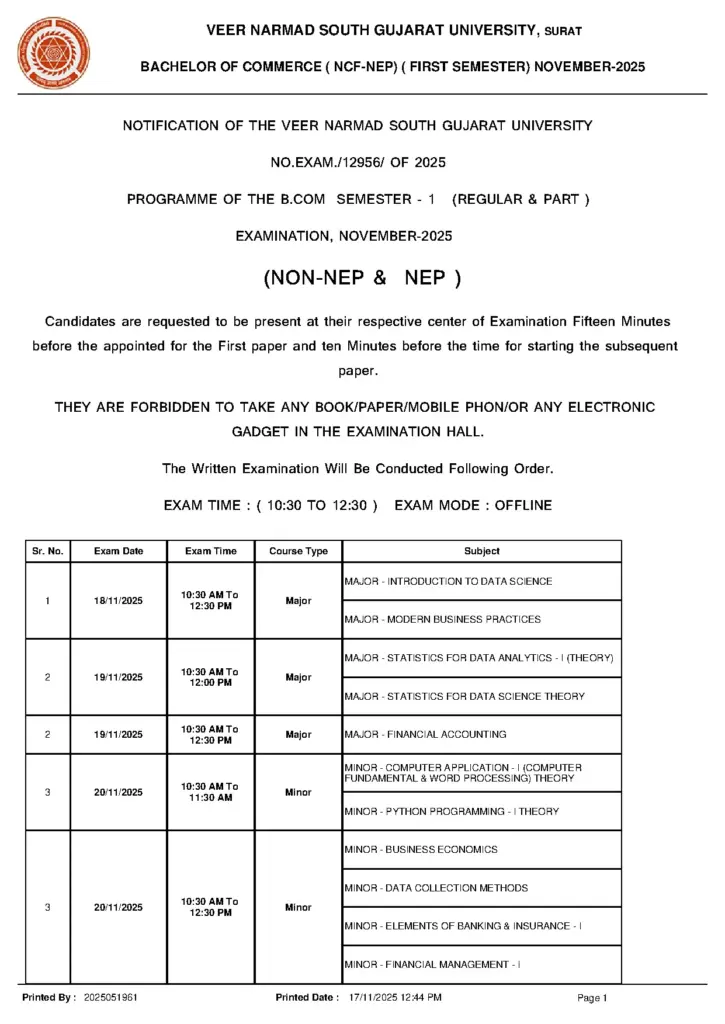 B.Com Semester 1 Examination Schedule November 2025