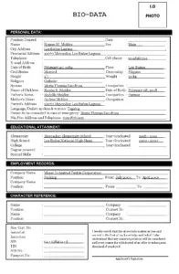 Bio Data Form for Employment Applications