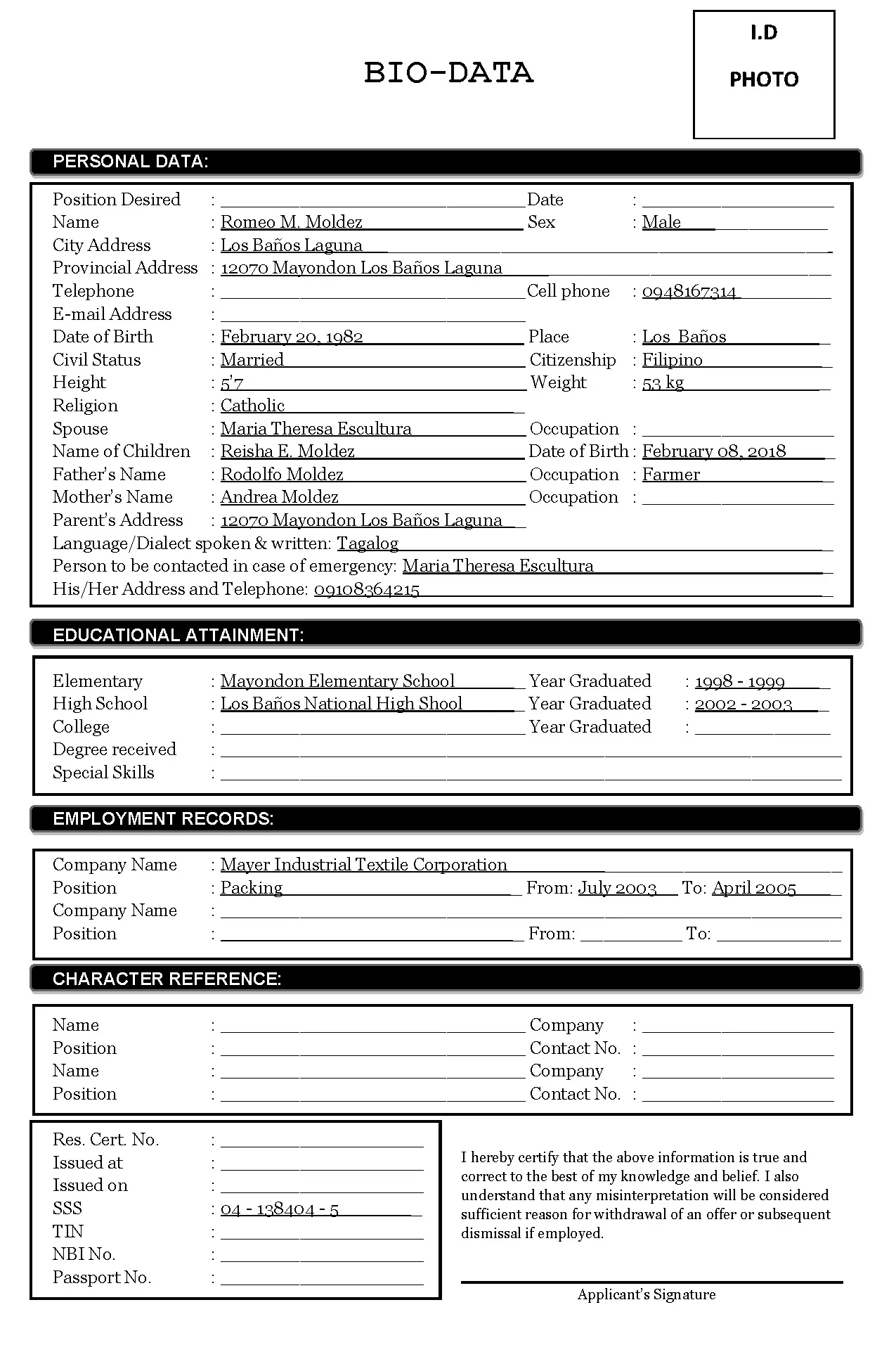 Bio Data Form for Employment Applications