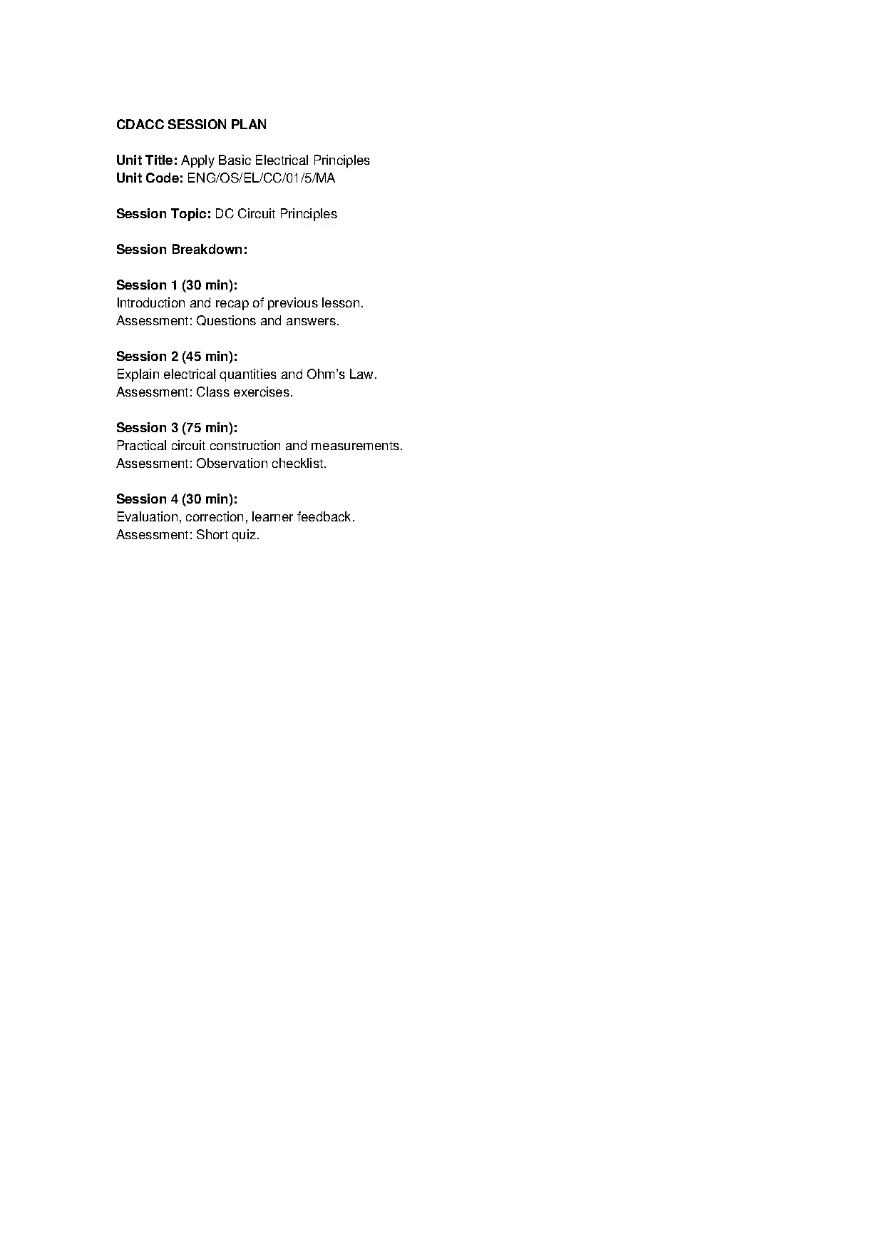 CDACC Session Plan 1: Apply Basic Electrical Principles