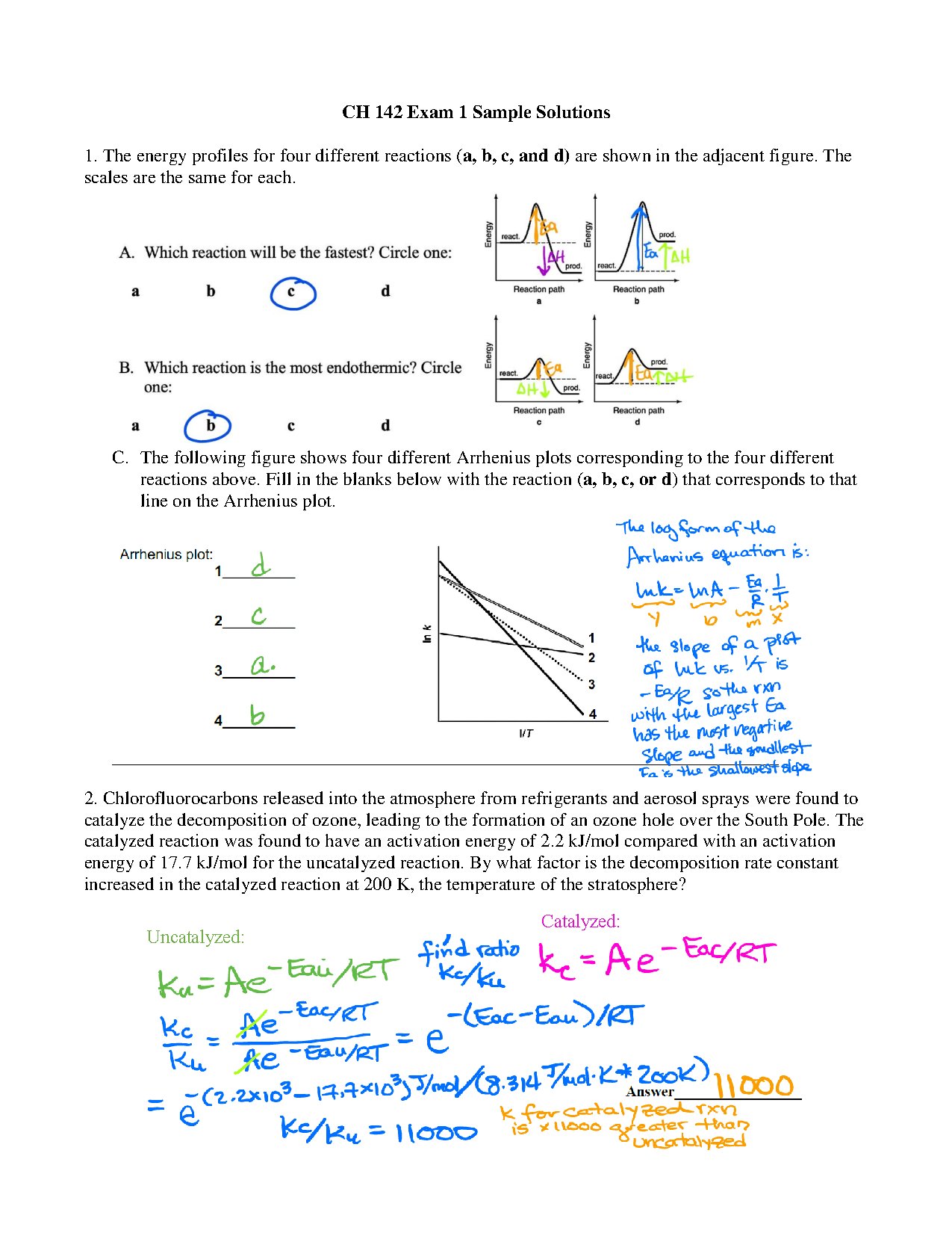 CH142 S26 Exam 1 Sample Solutions for Chemistry Students