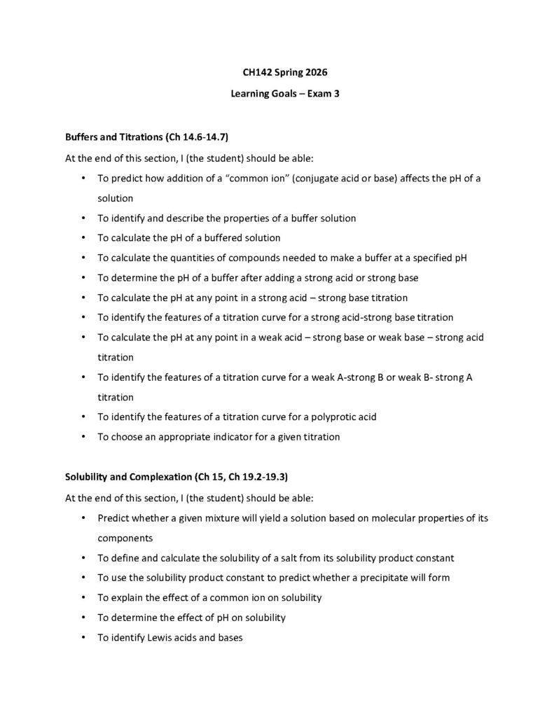 CH142 Spring 2026 Exam 3 Learning Goals for Chemistry