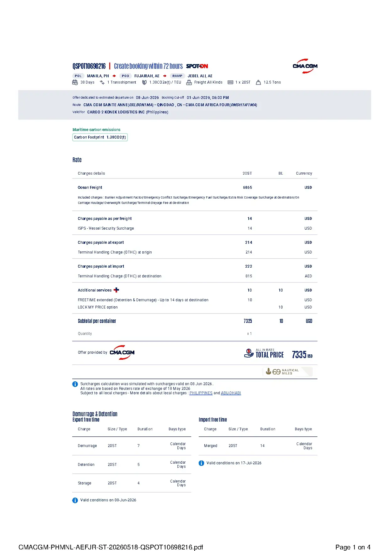 CMACGM Freight Booking Details for June 2026