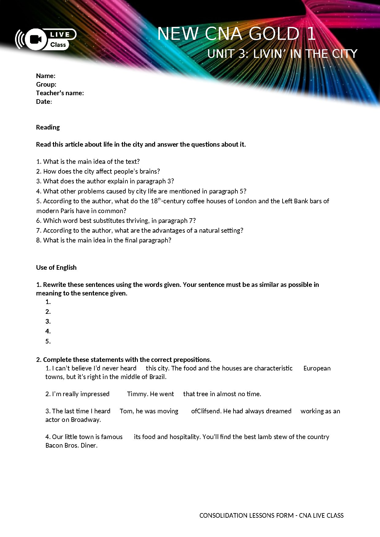CNA Gold 1 Unit 3 Living in the City Overview