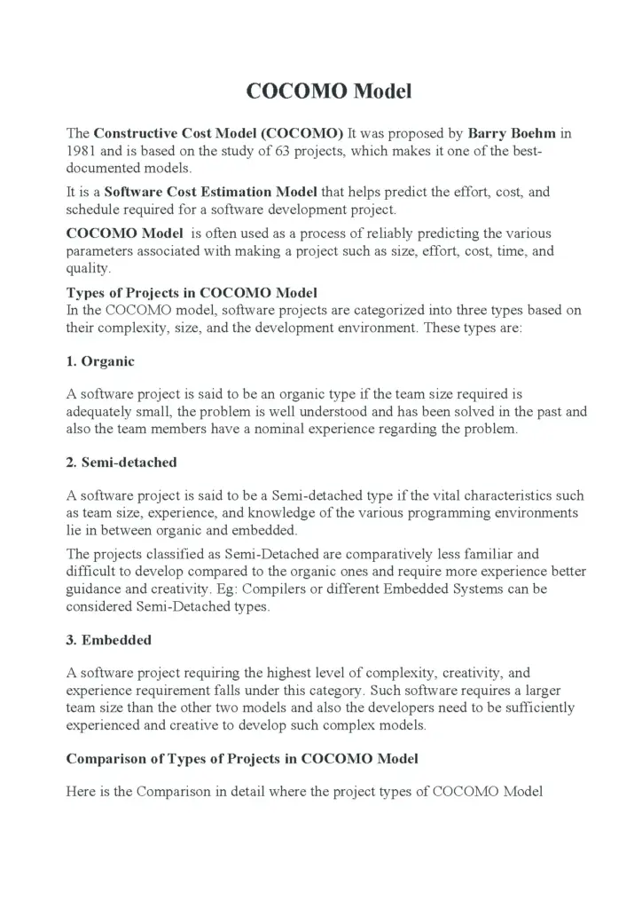 COCOMO Model Notes for Software Cost Estimation