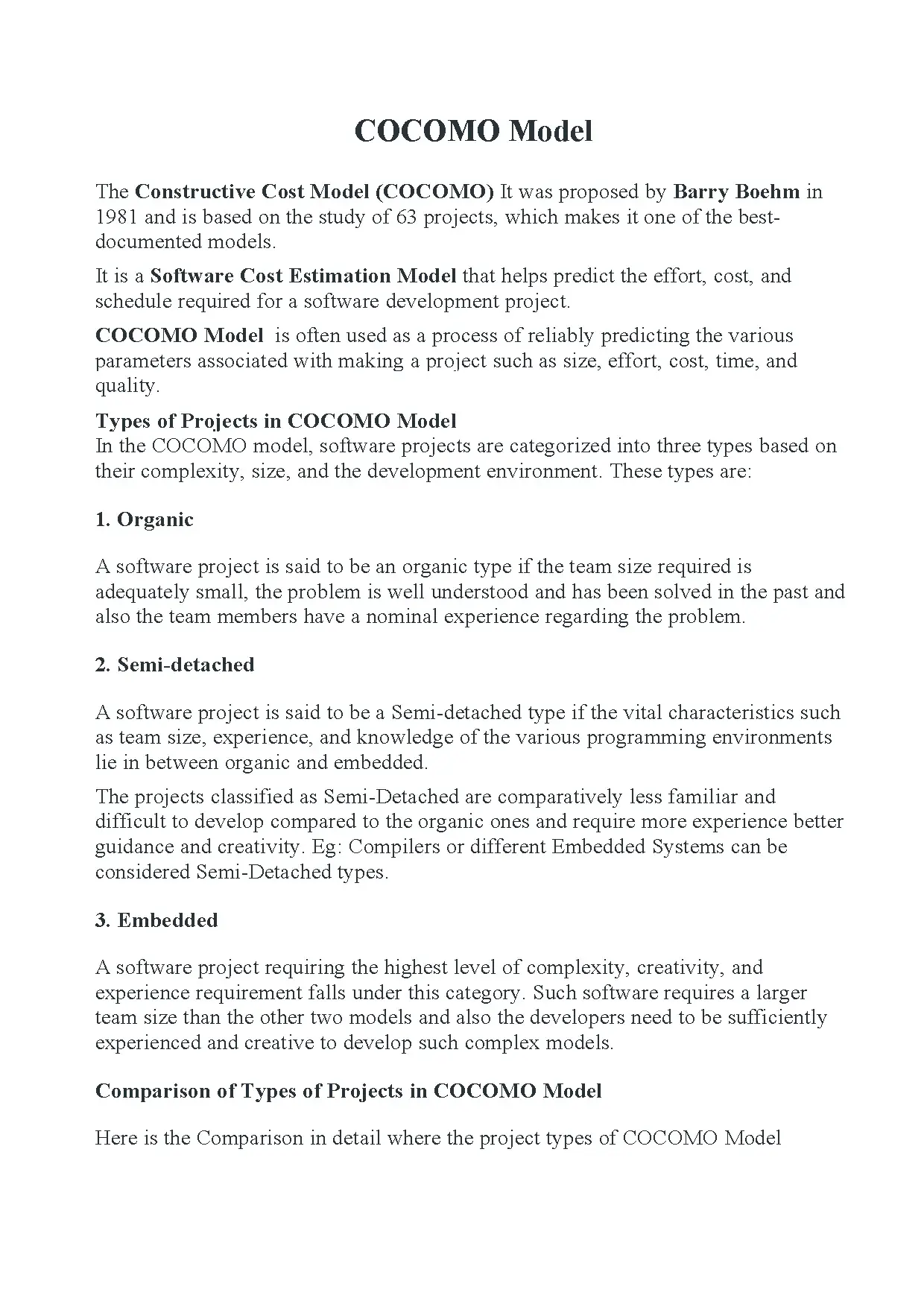 COCOMO Model Notes for Software Cost Estimation