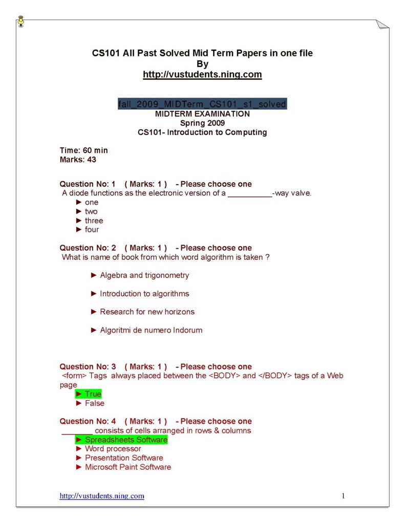 CS101 Past Solved Midterm Papers Collection