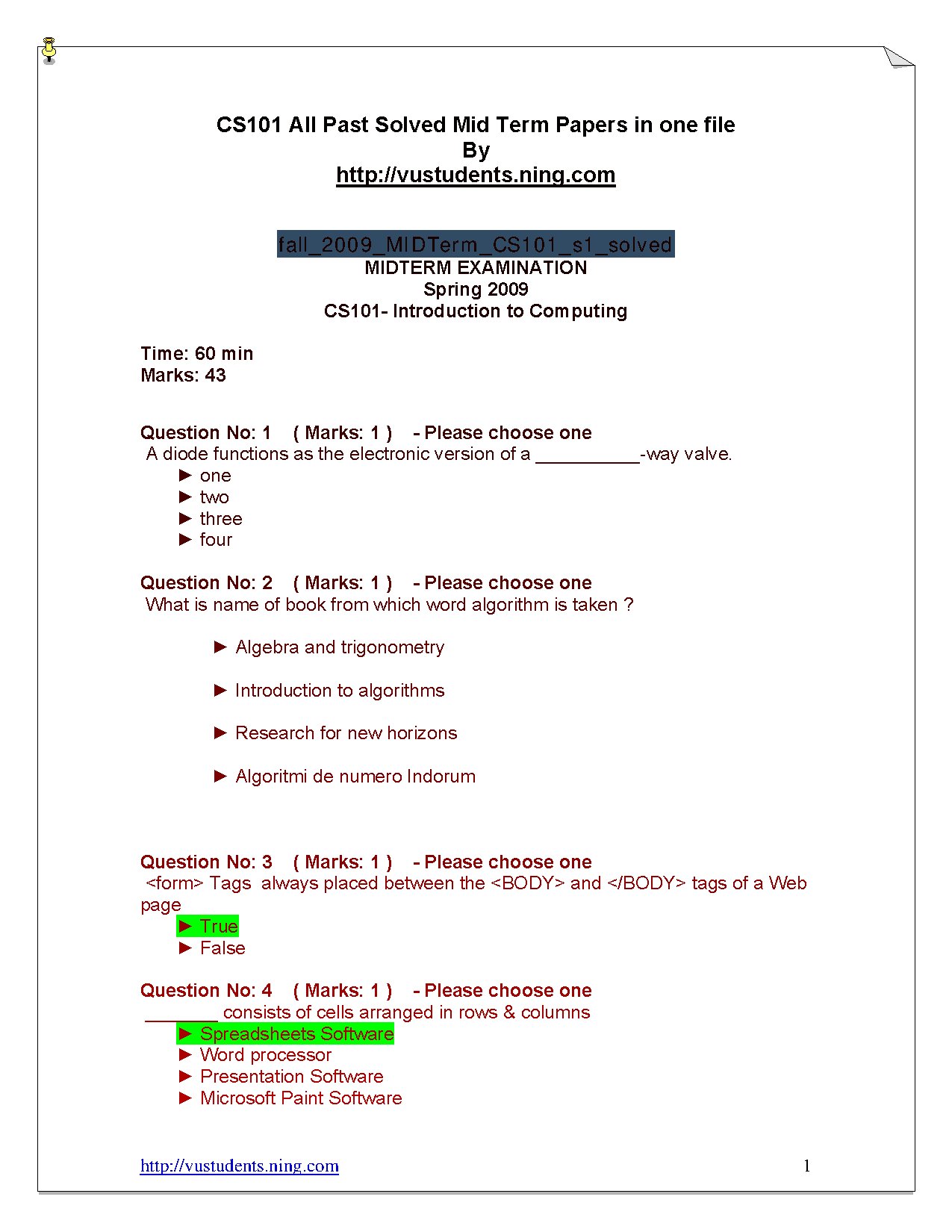 CS101 Past Solved Midterm Papers Collection