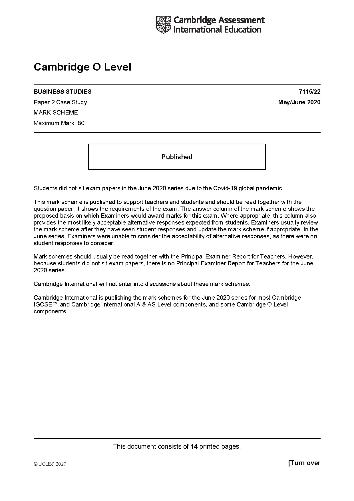 Cambridge O Level Business Studies 7115 Mark Scheme
