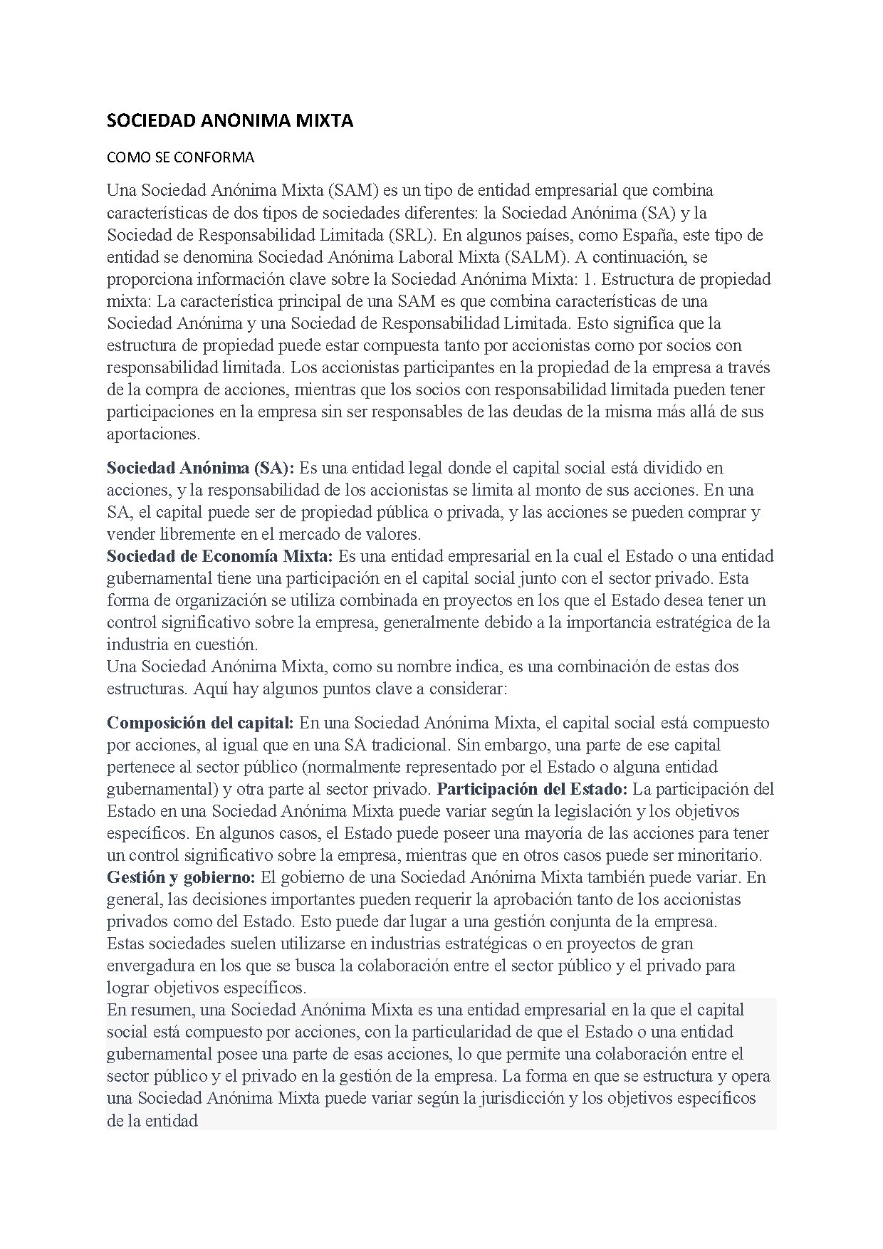 Características de la Sociedad Anónima Mixta