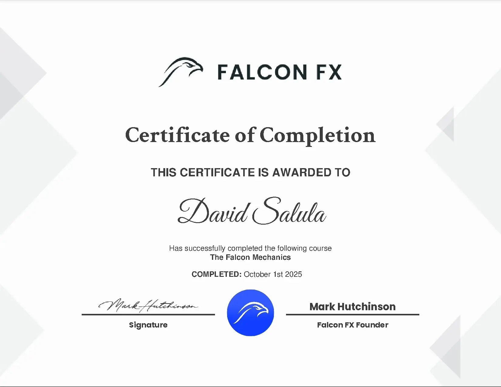 Certificate of Completion for The Falcon Mechanics