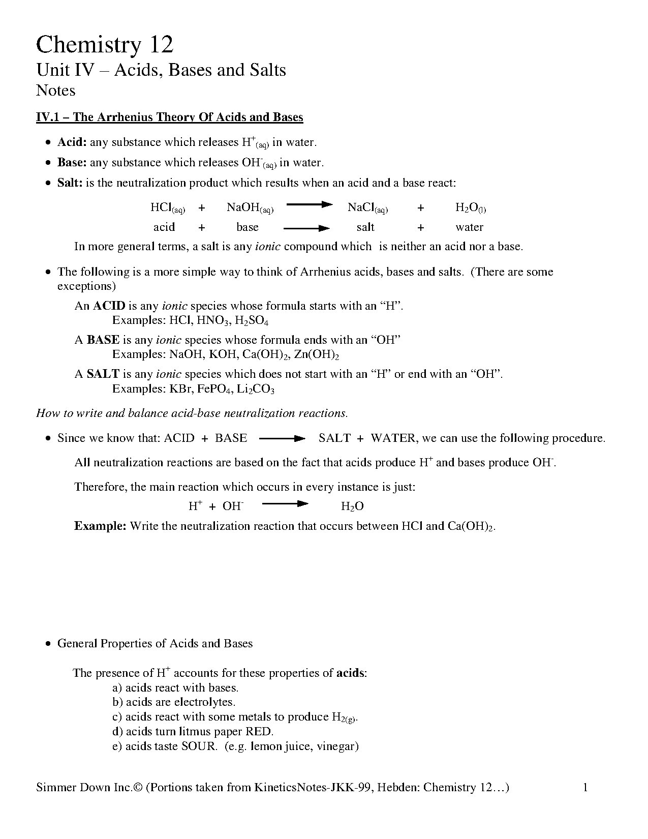 Chemistry 12 Acids, Bases, and Salts Study Notes