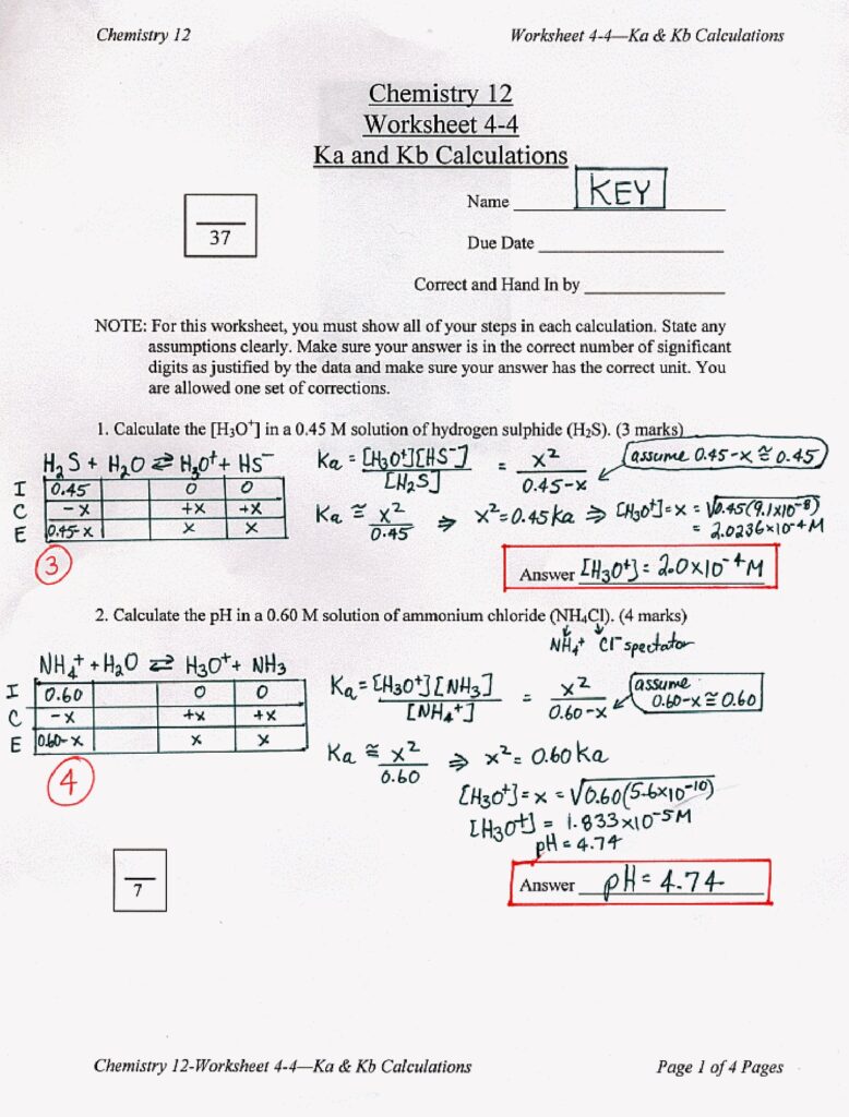 Chemistry 12 Worksheet 4-4 Ka and Kb Calculations