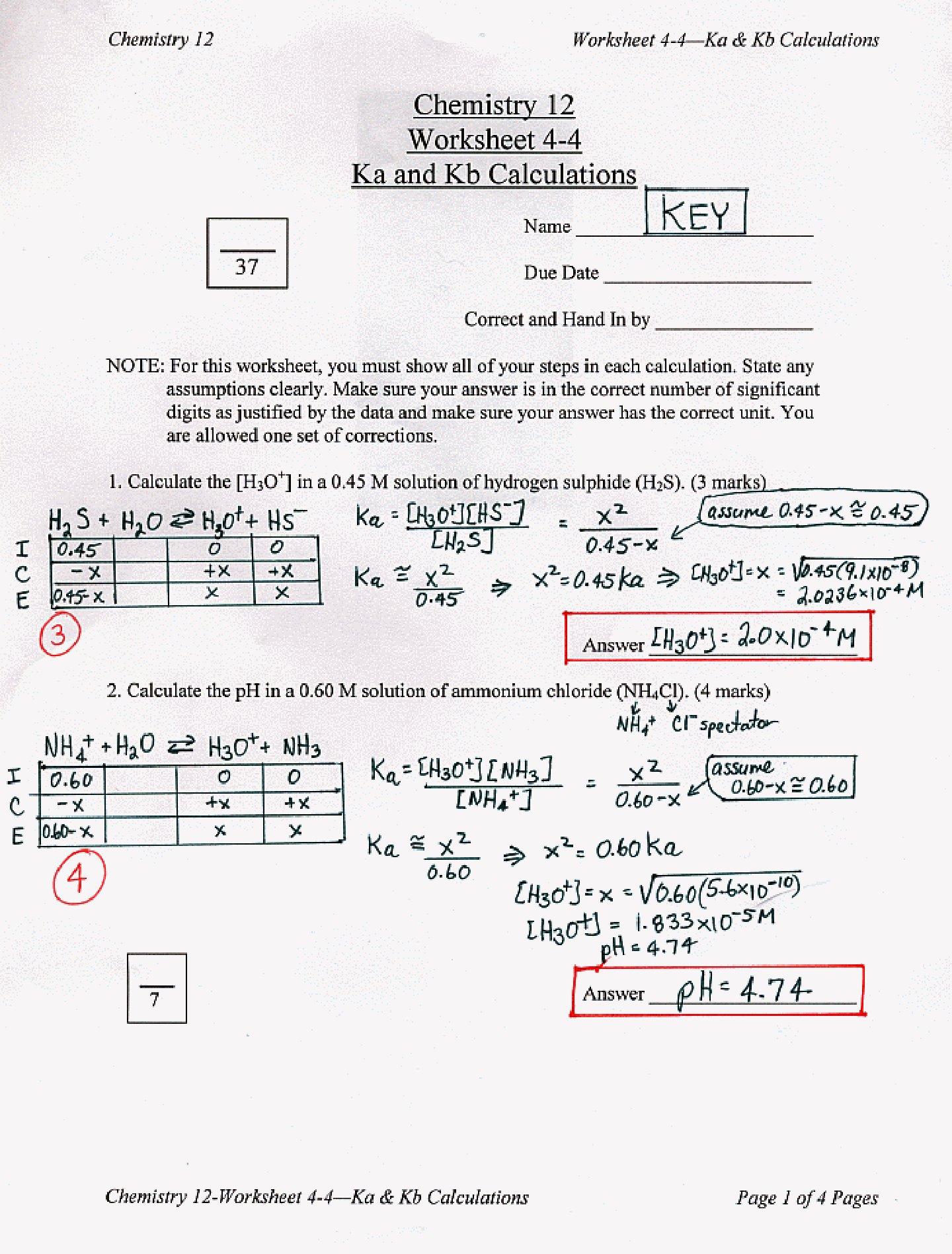 Chemistry 12 Worksheet 4-4 Ka and Kb Calculations
