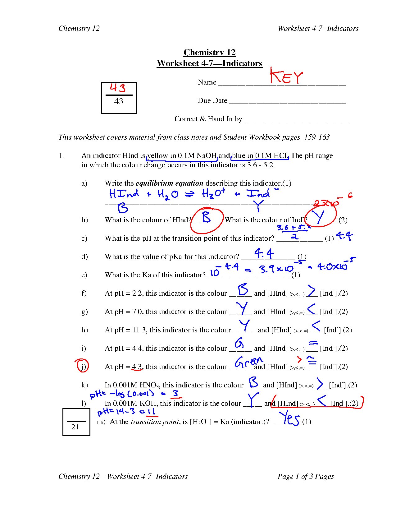 Chemistry 12 Worksheet 4-7 Indicators Answer Key