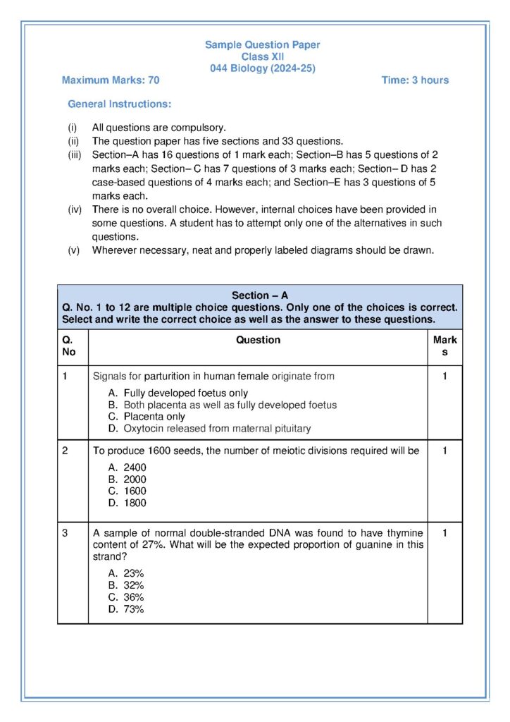 Class XII Biology Sample Question Paper 2024-25