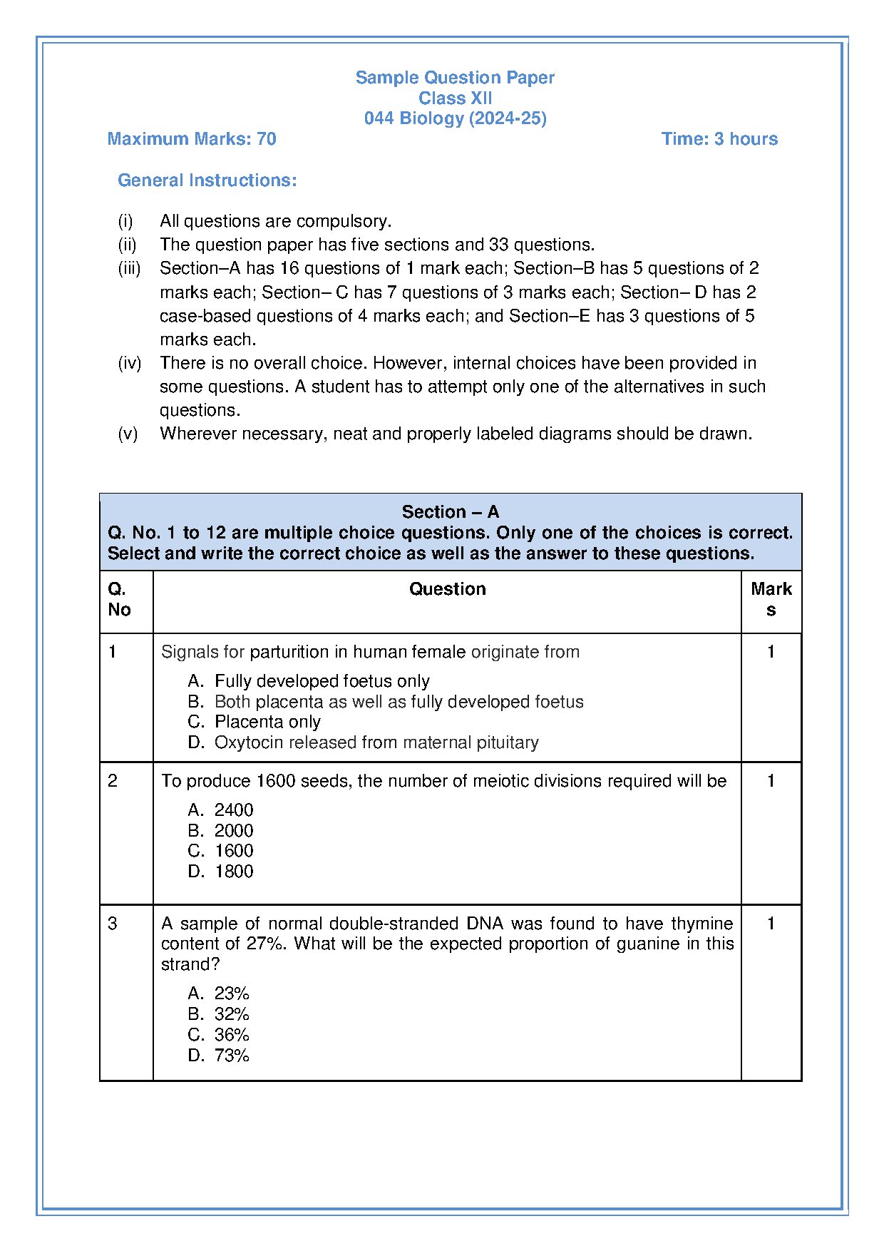 Class XII Biology Sample Question Paper 2024-25