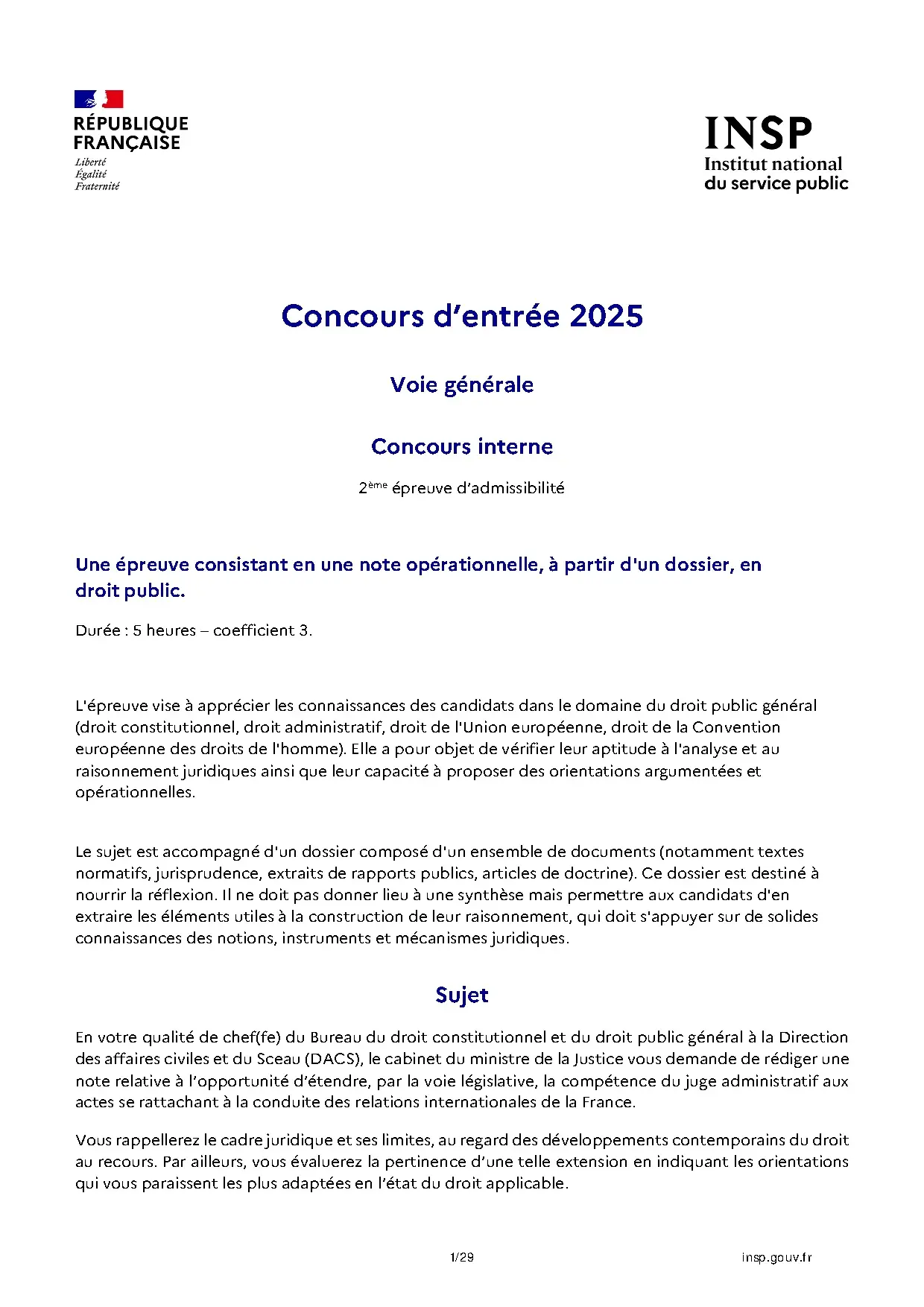 Concours d’entrée 2025 Droit Public Général