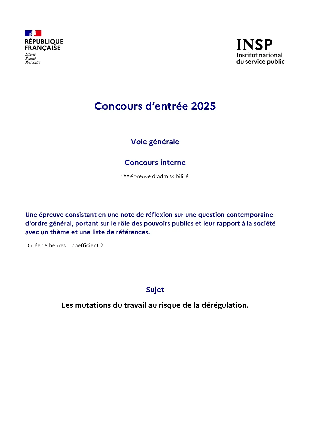 Concours d’entrée 2025 Question Contemporaine