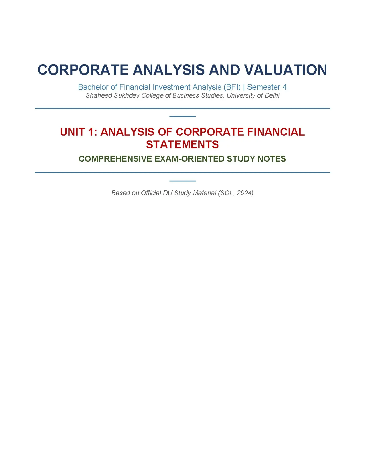 Corporate Analysis and Valuation Study Notes Semester 4