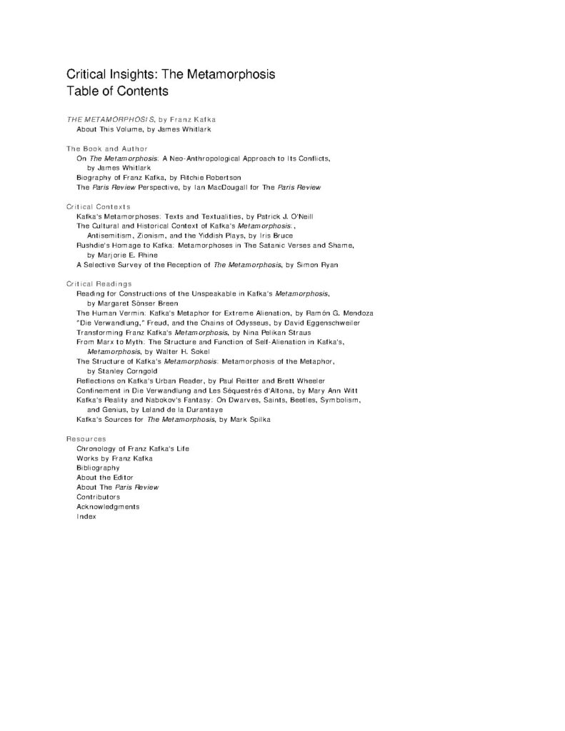 Critical Insights on Kafka's Metamorphosis Analysis