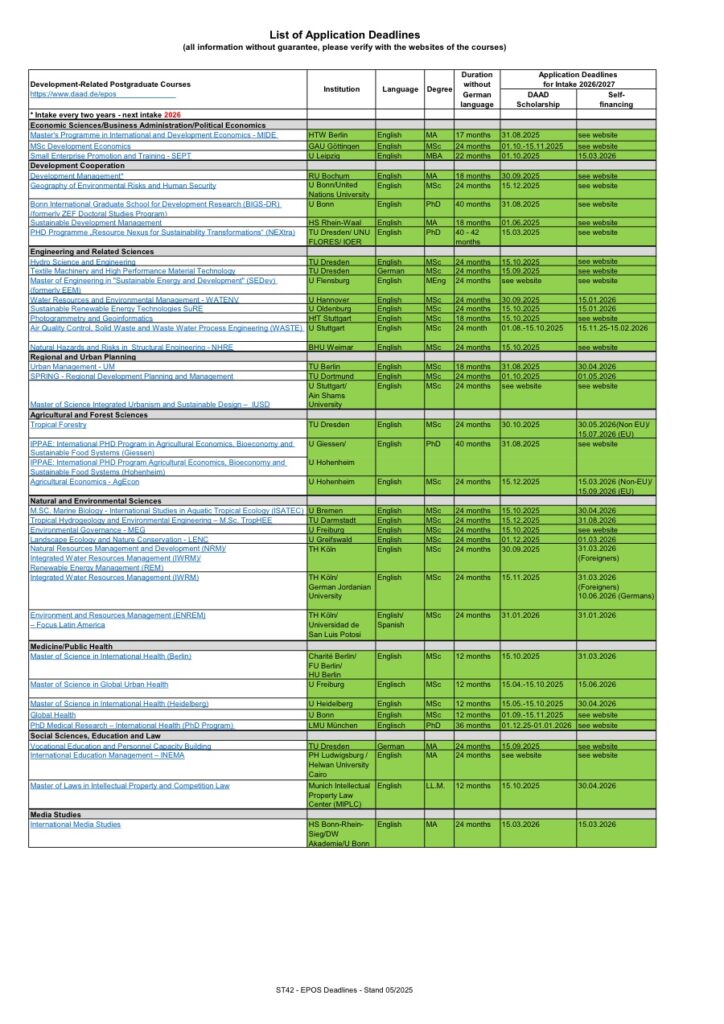 DAAD EPOS Deadlines 2026-2027 for Scholarships and Programs