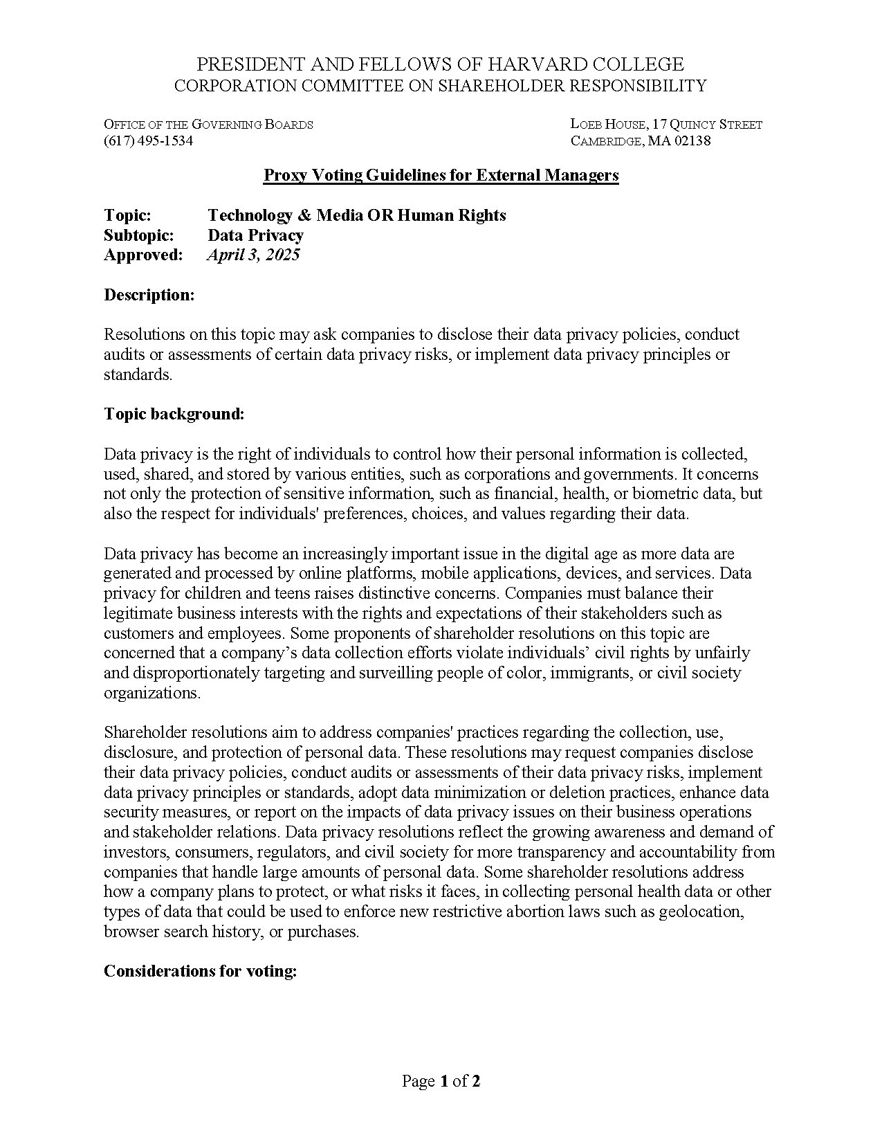 Data Privacy Proxy Voting Guidelines 2025